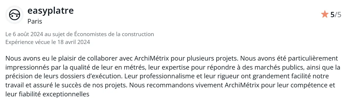 Avis Easy Plâtre Avis 5 étoiles expliquant la satisfaction envers la rigueur de nos métreurs indépendants