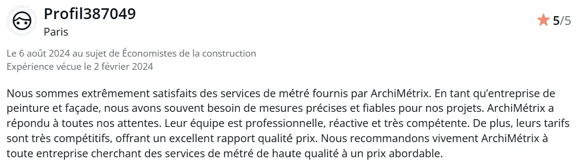 Avis laissé par MDP peinture Avis 5 étoiles qui explique que notre client est extrêmement satisfait de nos métreurs